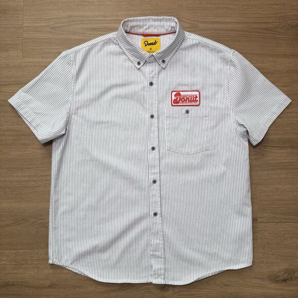 Donut Racing USA Shirt Mens M Striped Button Down Short Sleeve Workwear Style - Picture 11 of 11